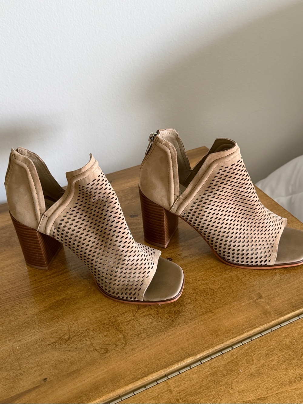 Vince Camuto Taupe Perforated Peep-Toe Block Heel Booties